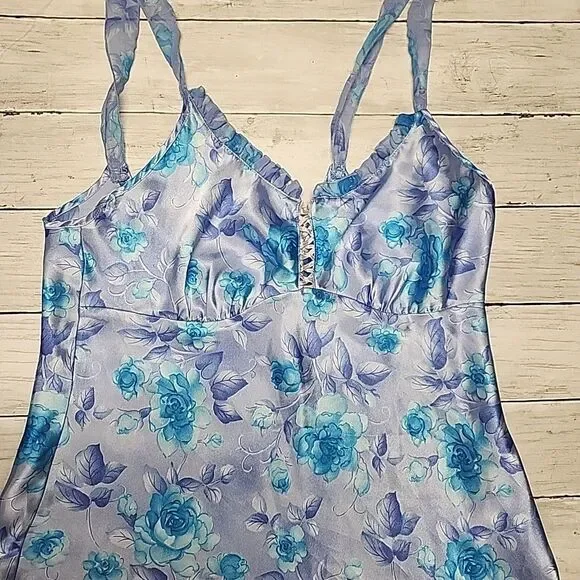 VTG 90sExpressions California Dynasty Blue Satin Floral Strappy Slip Dress Sz M - Picture 1 of 14